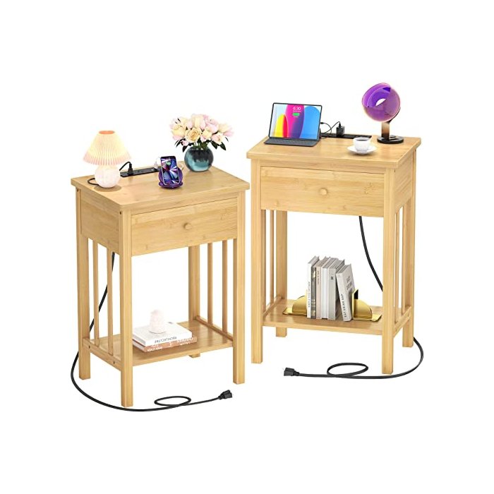 Homykic Nightstand with Charging Station, Bamboo Nightstands Set of 2, Wood Bedside Table with USB Ports and Outlets, End Table Side Table with Drawer and Storage Shelf for Bedroom, Natural