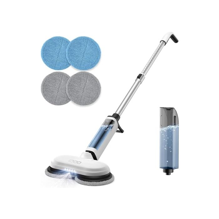 Cordless Electric Mop, Power Spin Mops for Floor Cleaning, Hardwood Floor Scrubber Cleaner Machine for Tile, Laminate, Vinyl, Marble, Dual-Motor Spray Mop with LED Headlight, Detachable Tank By iDOO 