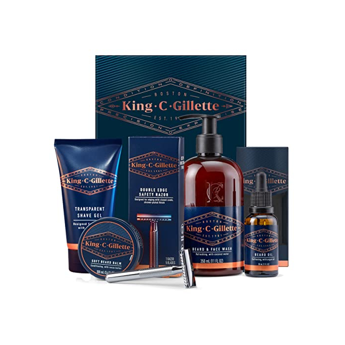 King C. Gillette Complete Men's Beard Care Gift Kit, Double Edge Safety Razor, Beard and Face Wash, Beard Oil, Beard Balm, Shave Gel