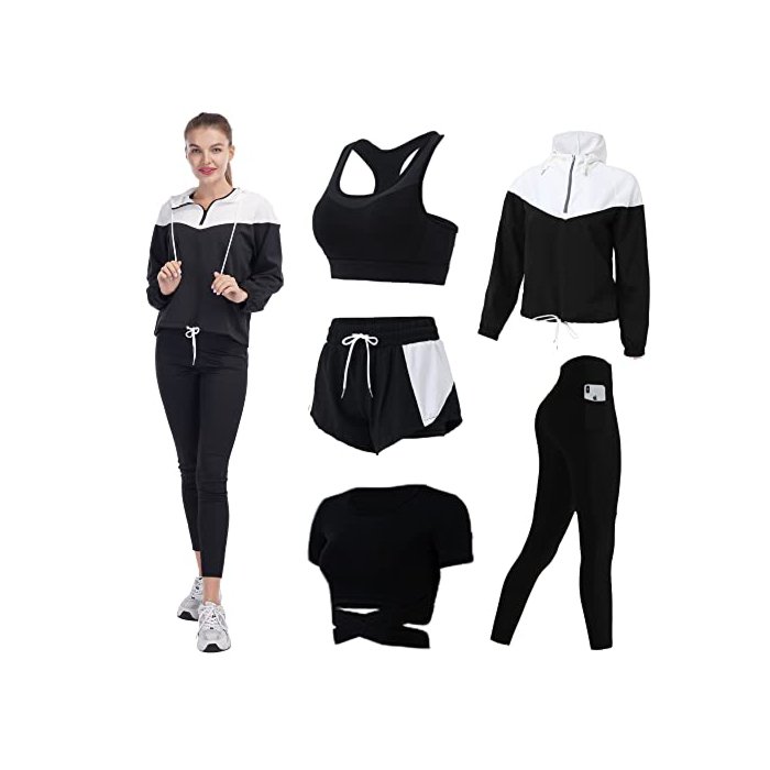 QIANKOY Workout Outfits Set for Women 5 Piece Tracksuit Set Yoga Tennis Athletic Activewear Set(Black01,S)