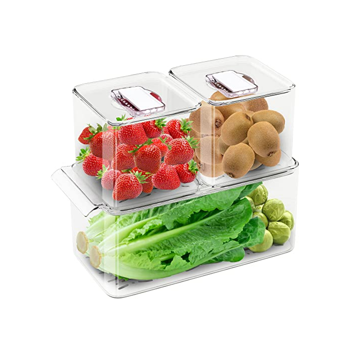 WAVELUX Produce Saver Containers for Refrigerator, Food Fruit Vegetables storage, 3 Pcs Stackable Freezer Fridge Organizer, Fresh Keeper Drawer Bin Basket with Vented Lids & Removable Drain Tray