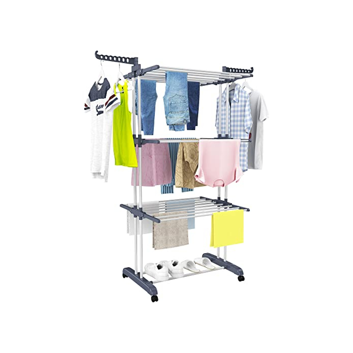 HOMIDEC Clothes Drying Rack, Oversized 4-Tier(67.7" High) Foldable Stainless Steel Movable Drying Rack with 4 castors, 24 Drying Poles & 14 Hooks for Bed Linen, Clothing, Grey