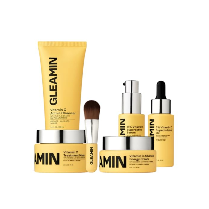 Gleam Dream Team - Complete Vitamin C Skincare Bundle: Includes Clay Mask, Serum, Facial Oil, Energy Cream, and Cleanser - Visible Reduces Dark Spots & Brightens, Hydrates & Evens Skin Tone - 15% Off