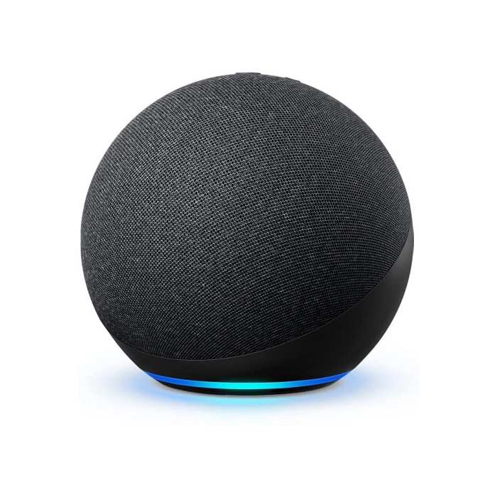 Amazon Echo (4th Gen) charcoal smart speaker with glowing blue volume control ring.