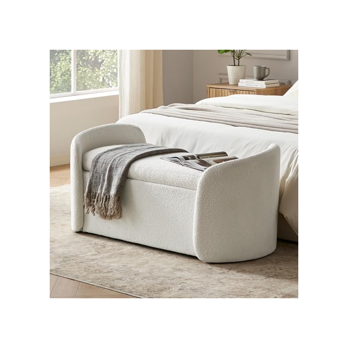 mopio Sophie 51" Ottoman Storage Bench, Entryway Bench with Storage & Seating, End of Bed Curved Bench for King & Queen Bed, Window Bench, Storage Chest for Bedroom (Pearl White Boucle)