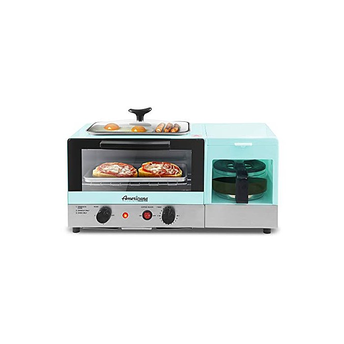 Elite Gourmet Americana 2 Slice, 9.5" Griddle with Glass Lid, 3-in-1 Breakfast Center Station, 4-Cup Coffeemaker, Toaster Oven with 15-Min Timer, Heat Selector Mode, Blue