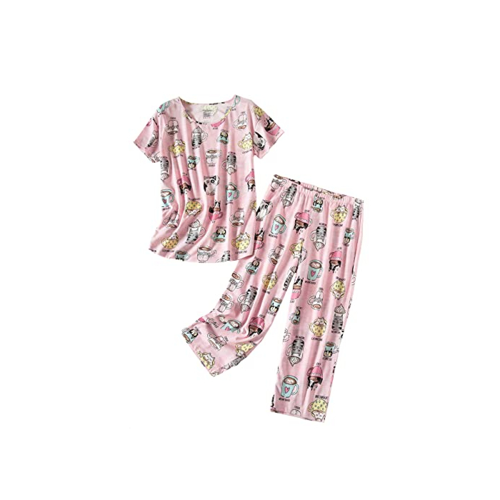 PNAEONG Women’s Pajama Set - Sleepwear Tops with Capri Pants Casual and Fun Prints Pajama Sets SY215-Cup Cats-XL