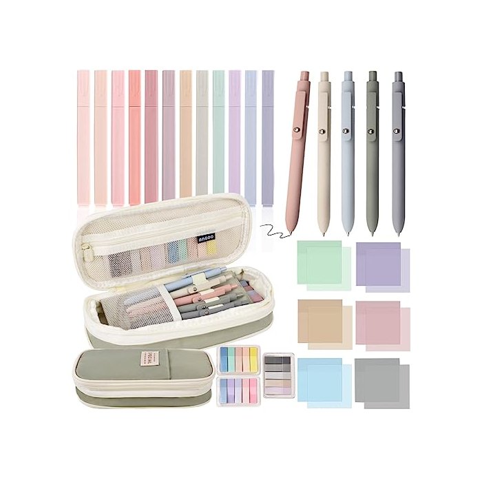 27 Pcs Aesthetic School Supplies Include 12 Pcs Aesthetic Highlighters Bible 1 Ppcs Big apacity Pen Case Bag 5 Pcs Retractable Quick Dry Gel Ink Pens 9 Pads Clear Sticky Tabs for School Office Home