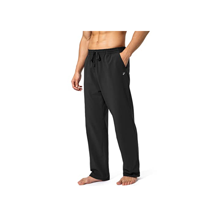 Pudolla Men's Cotton Yoga Sweatpants Athletic Lounge Pants Open Bottom Casual Jersey Pants for Men with Pockets (Black Large)