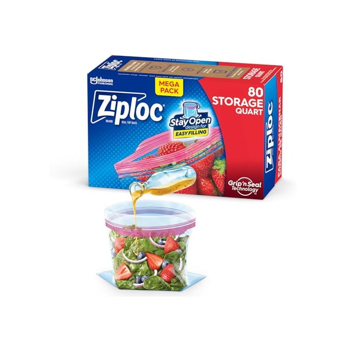 Ziploc Quart Food Storage Bags, Stay Open Design with Stand-Up Bottom, Easy to Fill, 80 Count