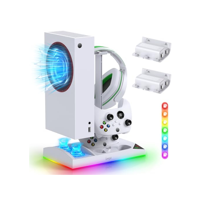 Upgraded RGB Cooling Fan Charging Station for Xbox Series S Console & Controller,Dual Charger Dock and Cooler System Stand with 15 Colorful Light Modes Accessories with 2*1400mAH Rechargeable Battery