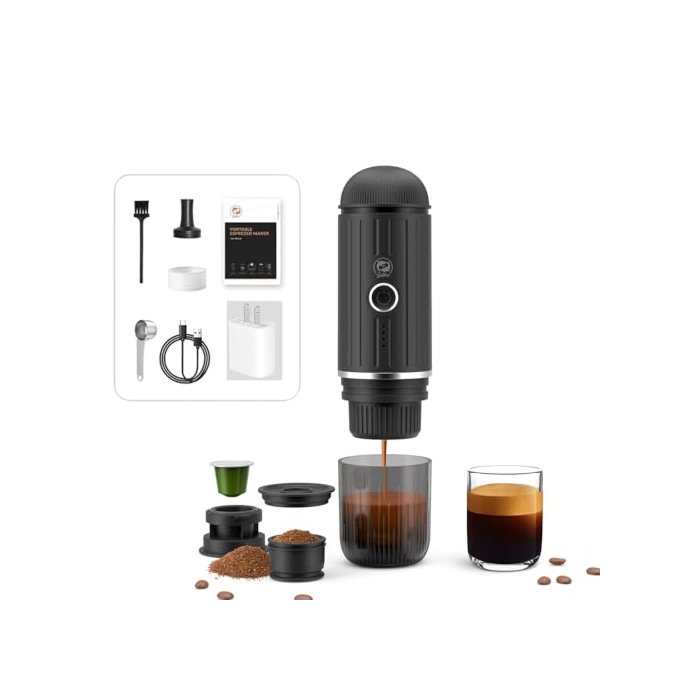 HAILASRE Portable Espresso Machine with 3-4 Min Self-heating, 12V Rechargeable Electric Coffee Machine 19 Bar Compatible with NS Capsules and Ground Coffee for Car Camping Travelling