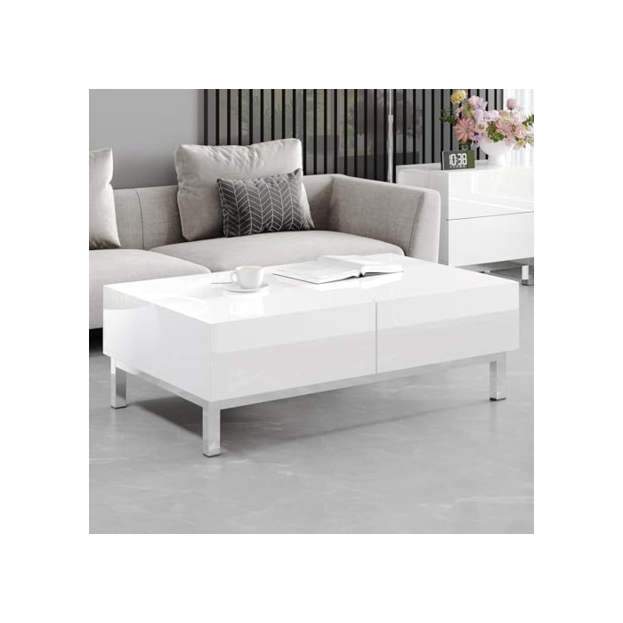 AMERLIFE 40" High Gloss Electroplated Coffee Table, Modern Minimalist Center Table with 2 Magnetic Storage Drawers, Rectangular Simple Cocktail Table for Living Room, Waiting Area, Office, White