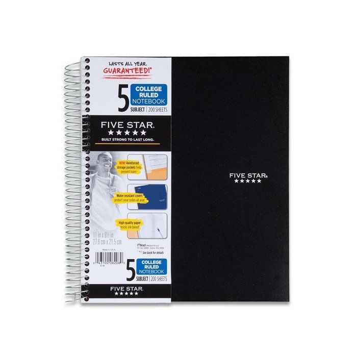 Five Star Spiral Notebook + Study App, 5 Subject, College Ruled Paper, 11" x 8-1/2", 200 Sheets, Black, 1 Count (72081)