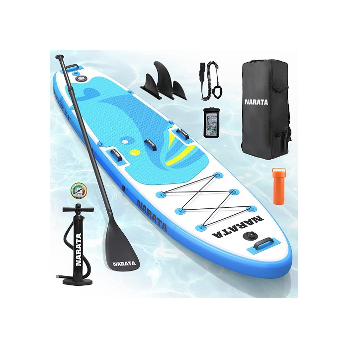 NARATA Inflatable Stand Up Paddle Board for All Skill Levels with Paddle Holder, Action Mount, 5 Grab Handles, 11 D-Rings, Waterproof Bag, Fins, Paddle, Pump, Leash, Repair Kit, Backpack