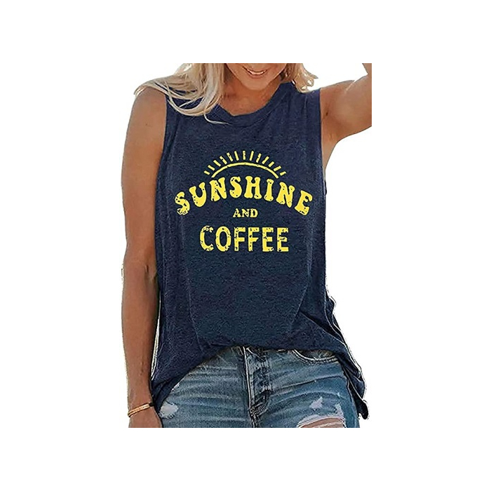 Tank Tops for Women Summer Sunshine and Coffee Graphic T-Shirts Sleeveless Casual Ladies Loose Tunic Blouse(Sunshine Deep Blue,L)