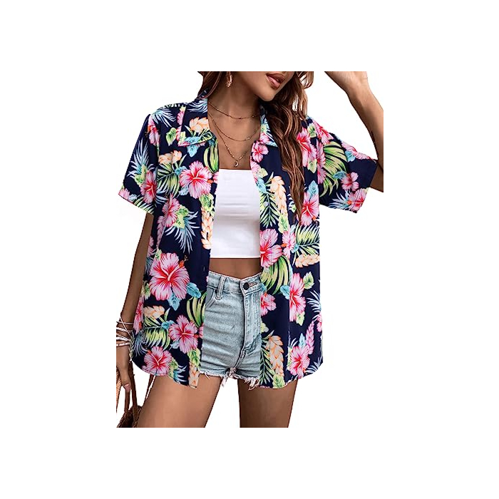 MYHALF Women Hawaiian Shirt Soft Cool Summer Hawaii Shirts Floral Tropic Print V Neck T-Shirt Short Sleeve Button Up Tops