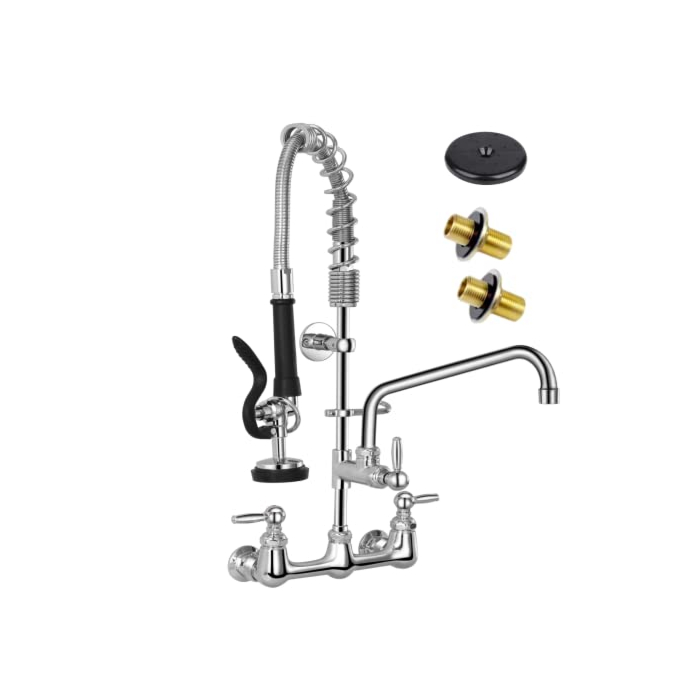 Commercial Faucet with Sprayer 8 Inch Center Wall Mount Commercial Sink Faucet, 26'' Height with Pull Down Pre-Rinse Sprayer & 12" spout, with Thickened Hose for 2-3 Compartment Utility Sink