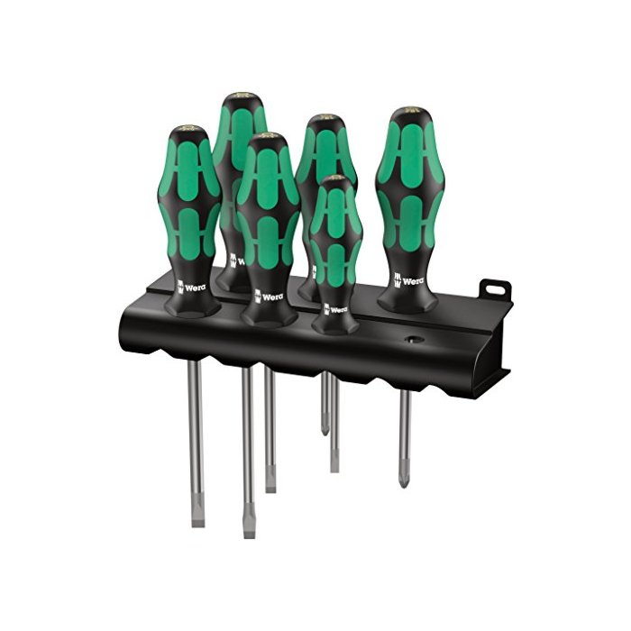 Wera - 5105650001 Kraftform Plus 334/6 Screwdriver Set with Rack and Lasertip, 6-Pieces, Multicolor, Slotted: 6.5x150mm, 3x80mm, 4x100mm, 5.5x125. Phillips: PH1x80, PH2x100