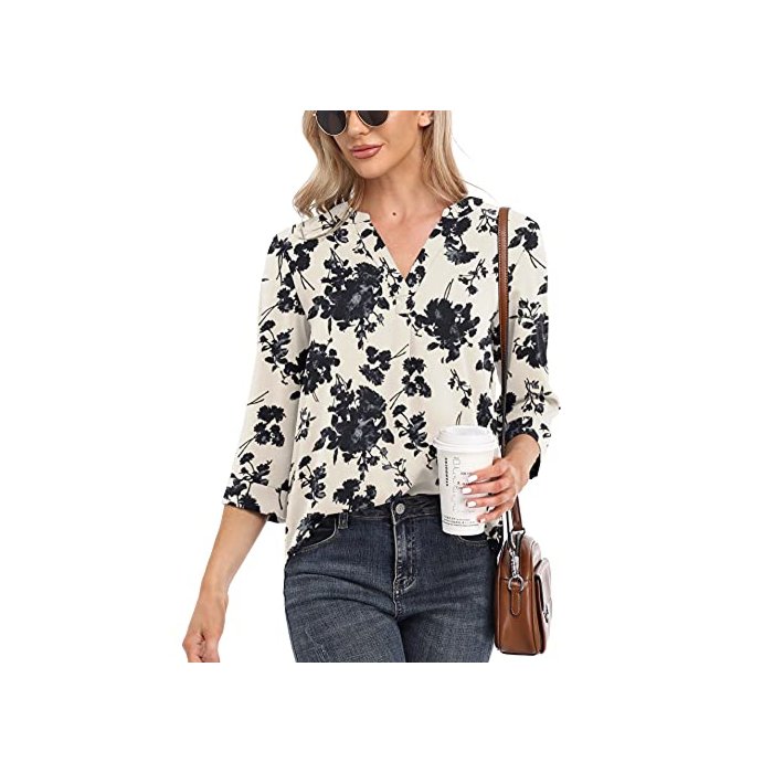 VIISHOW Womens Blouse Loose 3/4 Sleeve Shirts Casual V Neck Work Chiffon Blouses Top Floral White Medium