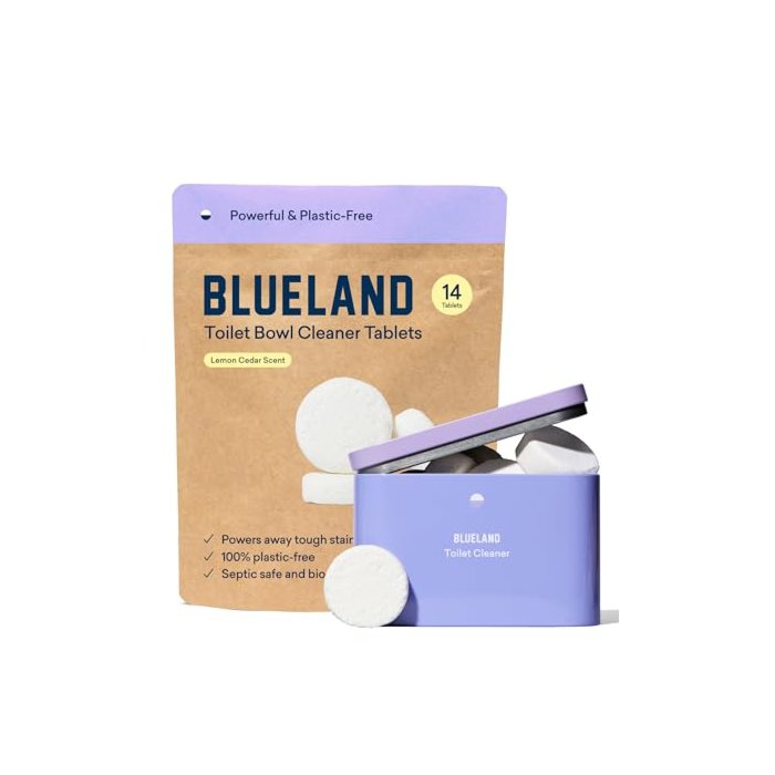 BLUELAND Toilet Bowl Cleaner Starter Set - Eco Friendly Products & Cleaning Supplies - No Harsh Chemicals, Plant-Based - Lemon Cedar - 14 tablets