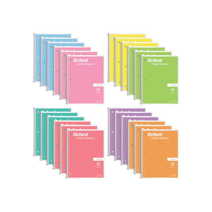 Oxford Spiral Notebook Wide Ruled - 24 Pack - 1 Subject Notebooks for School - 8 x 10-1/2 Inch - 8 Pastel Colors Included - 70 Sheets