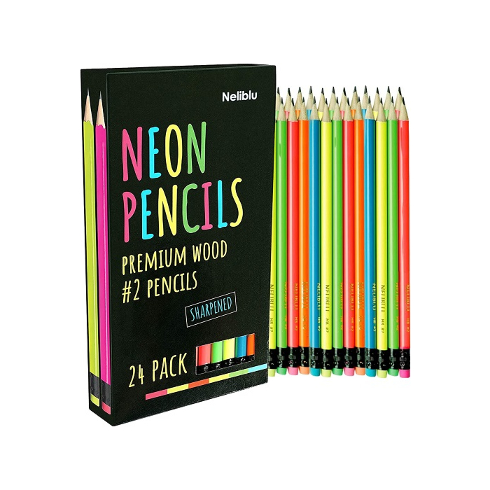 Cool Neon Pencils - #2 Pre-Sharpened Non-Toxic Wood Pencils for Kids and Adults with Latex Free Erasers - 24 Pack