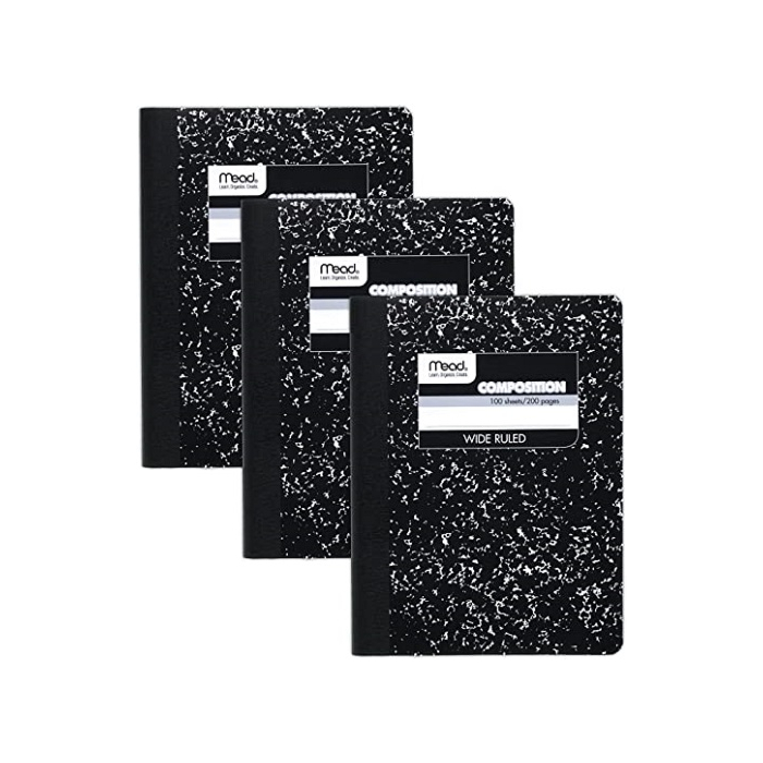 Mead Composition Notebook, 3 Pack, Wide Ruled Paper, 9-3/4" x 7-1/2", 100 Sheets per Notebook, Black Marble (38301)