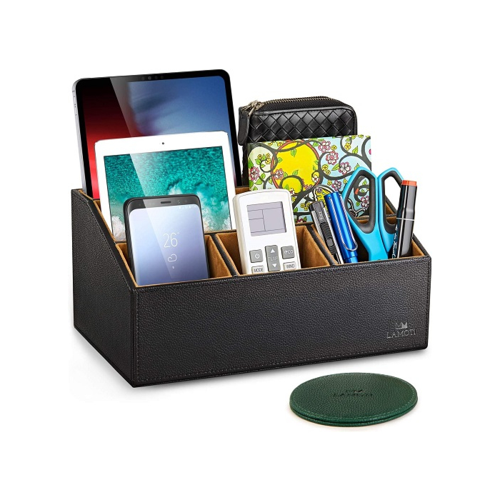 LAMOTI Leather Desk Organizer with a 4" Coaster, Large Capacity 5 Compartments Desktop Unifier, Handcrafted (Black)