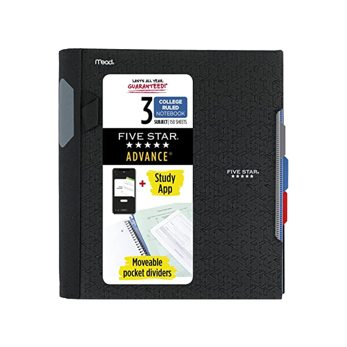 Five Star Advance Spiral Notebook + Study App, 3 Subject, College Ruled Paper, 11" x 8-1/2", 150 Sheets, With Spiral Guard and Movable Dividers, Black, 1 Count (73132)