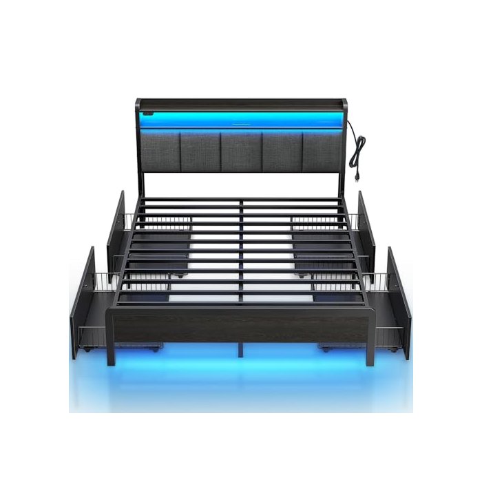 Rolanstar Bed Frame Queen Size with Charging Station and LED Lights, Upholstered Storage Headboard with Drawers, Heavy Duty Metal Slats, No Box Spring Needed, Noise Free, Easy Assembly, Dark Grey