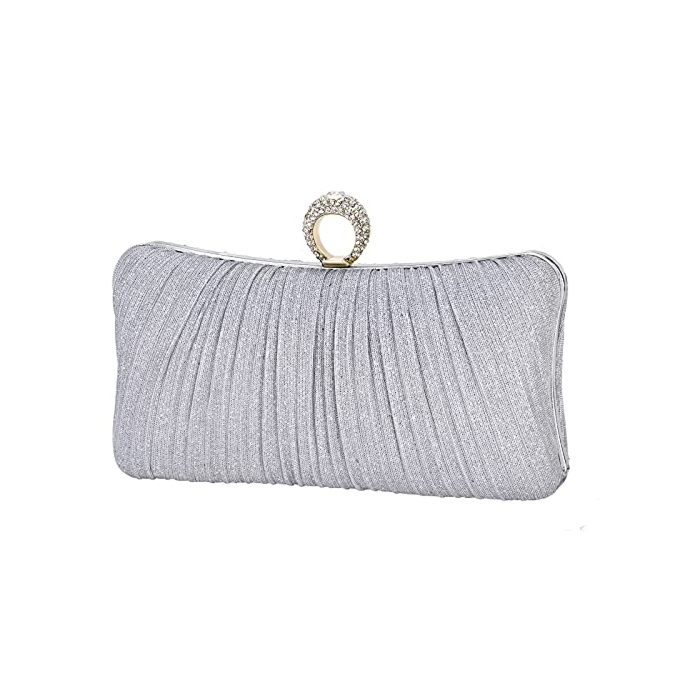 iWISH Womens Silver Glitter Clutch Purse Pleated Evening Bag for Bridal Wedding Party with Rhinestone Ring