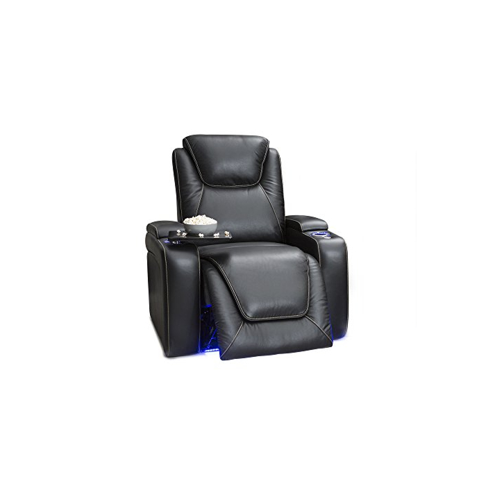 Seatcraft Equinox - Home Theater Seating - Living Room - Top Grain Leather - Power Recline - Powered Headrest and Lumbar Support - Arm Storage - USB Charging - Cup Holders - Single Recliner, Black