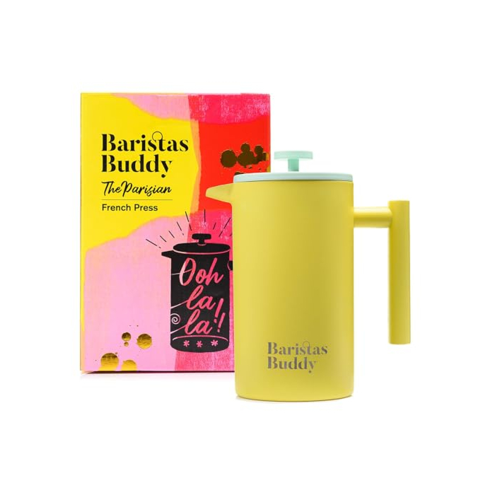 BaristasBuddy Yellow French Press Coffee Maker - Colorful, Retro And Stylish Insulated Coffee Brewer - Large Size Brews 4 Cups