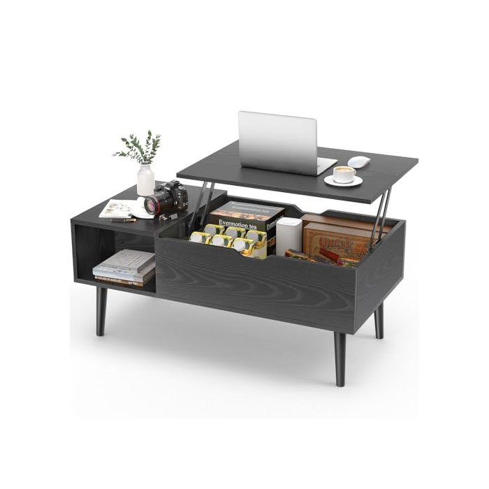 Sweetcrispy Coffee Table Black, Lift Top Coffee Tables for Living Room, Small Rising Wooden Dining Center Tables with Storage Shelf and Hidden Compartment