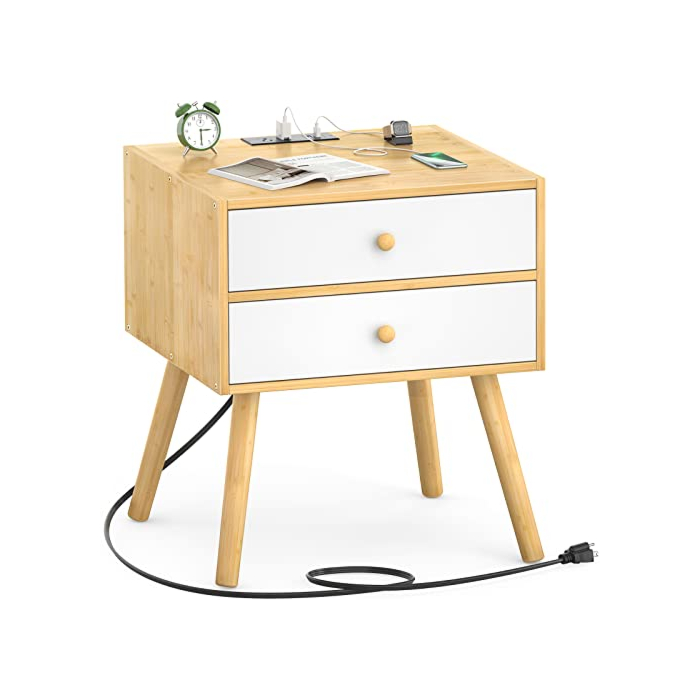 Homykic Bamboo Nightstand with Charging Station, Mid Century Modern Bedside Table with USB Ports and 2 Large Drawers, Real Wood Boho End Table Side Table for Bedroom, 19.7"W x 15.8"D, Natural + White