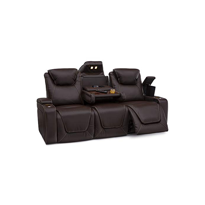 Seatcraft Vienna Home Theater Seating - Living Room - Top Grain Leather - Power Recline - Power Headrest - Powered Lumbar - AC USB Charging - Cup Holders - (Sofa with Fold Down Table, Brown)