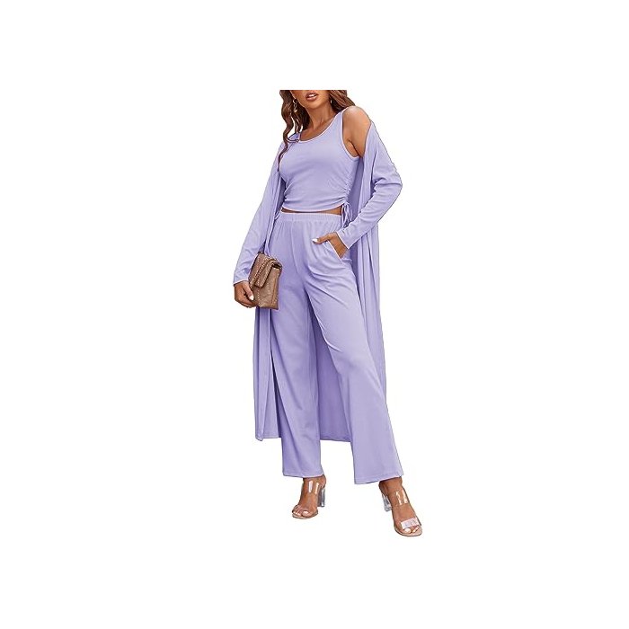 Ekouaer Women's 3 Piece Knit Lounge Set Sweatsuit,Lilac,Small