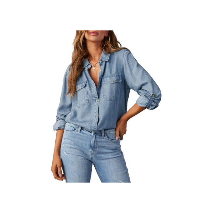 Astylish Womens Denim Tops Chambray Jean Shirts V Neck Business Casual Long Sleeve Button Down Blouse Dusk Blue Large