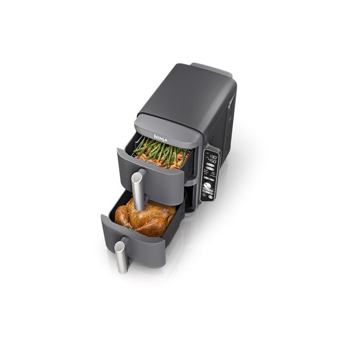 Ninja SL401 DoubleStack XL 2-Basket Air Fryer, DoubleStack Technology Cooks 4 Foods at Once, Compact Design, 10 QT, 6-in-1, Smart Finish & Match Cook, Air Fry, Broil, Bake, Easy Meals, Easy Clean,Grey