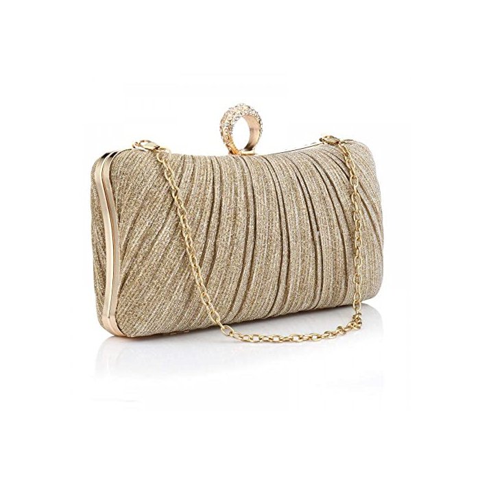 YYW Evening Handbag Women Gold Glitter Clutch Purse Pleated Wedding Clutch for Bridal Wedding Party (Gold)