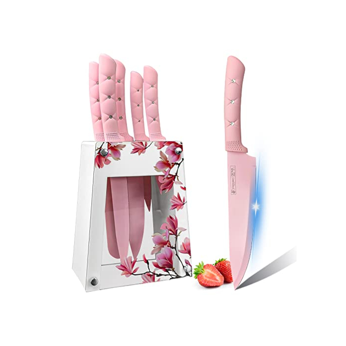 Kitchen Knife Set, Retrosohoo Pink Flower 6PC Stainless Steel Sharp Chef Knife Set with Acrylic Stand, Cooking Non-slip Knife Set with Block, Non-stick Colorful Coating Gift for Women Girls (Pink)