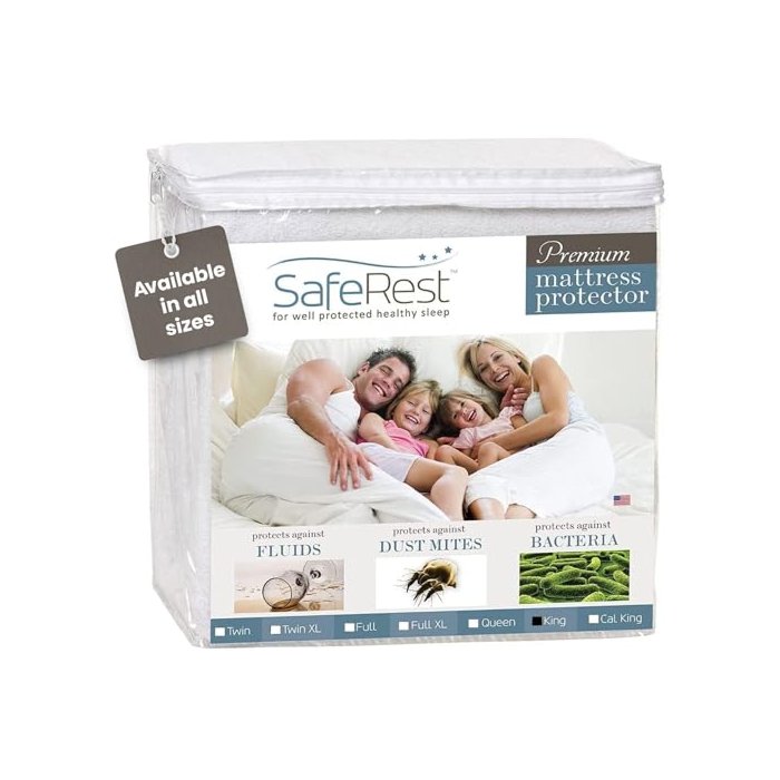 SafeRest 100% Waterproof King Size Mattress Protector - Fitted with Stretchable Pockets - Machine Washable Cotton Mattress Cover for Bed - Perfect Bedding Airbnb Essentials for Hosts