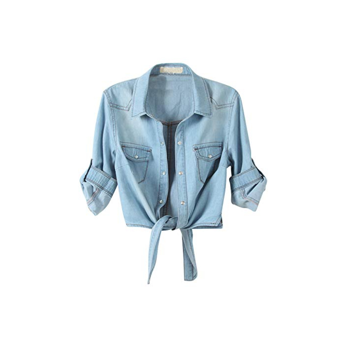 Omoone Women's 3/4 Sleeve Denim Crop Top Tie Knot Shirt Cardigan (0774-Light Blue-M)