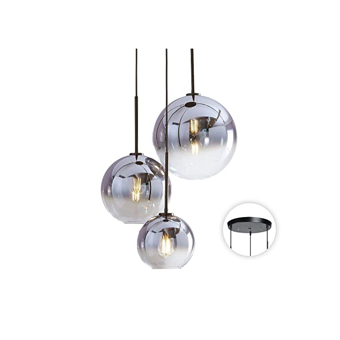 KCO Lighting Modern 3-Light Hanging Light Fixture Silver Gradient Glass Globe Pendant Ceiling Lighting with Adjustable Cord Mid Century Hanging Chandelier Light Fixture for Kitchen Island Bedroom