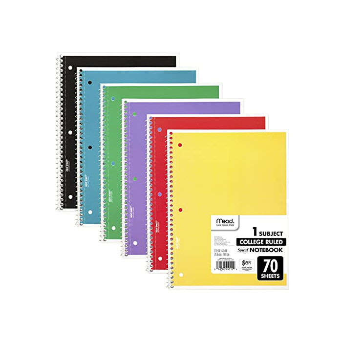 Mead Spiral Notebooks, 6 Pack, 1-Subject, College Ruled Paper, 10-1/2" x 8”, 70 Sheets per Notebook, Assorted Colors (73065)