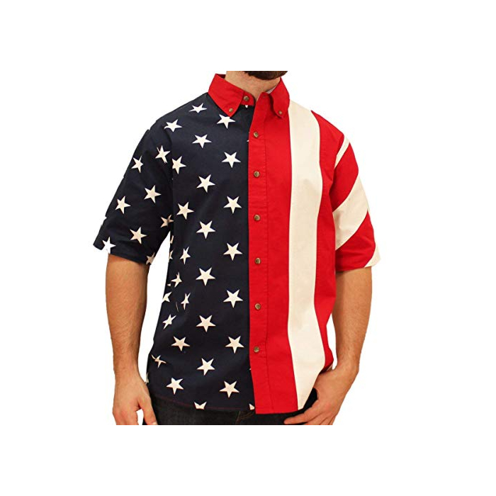 Flagshirt Men's Half Stars Half Stripes American Flag Shirt - Button-Up, Red, White & Blue, Medium