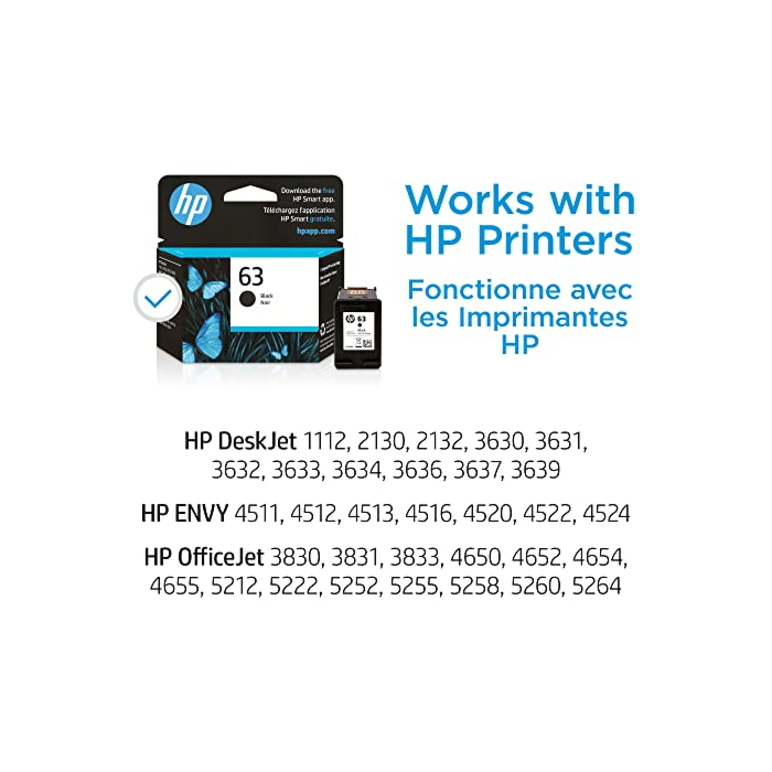 Original HP 63 Black Ink Cartridge | Works with HP DeskJet 1112, 2130, 3630 Series; HP ENVY 4510, 4520 Series; HP OfficeJet 3830, 4650, 5200 Series | Eligible for Instant Ink | F6U62AN