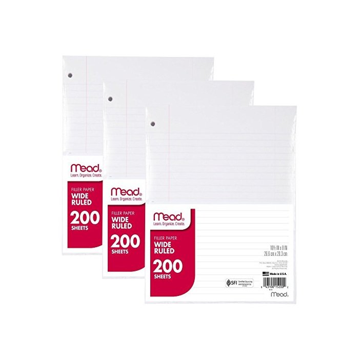 Mead Loose Leaf Paper, 3 Pack, 3 Hole Punch Reinforced Filler Paper, Wide Ruled Paper, 10-1/2" x 8", 200 Sheets per Pack (73183)