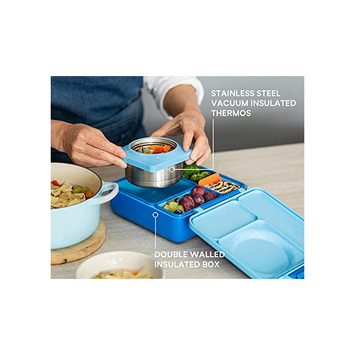 OmieBox Bento Box for Kids - Insulated Bento Lunch Box with Leak Proof Thermos Food Jar - 3 Compartments, Two Temperature Zones (Sky Blue) (Single) (Packaging May Vary)